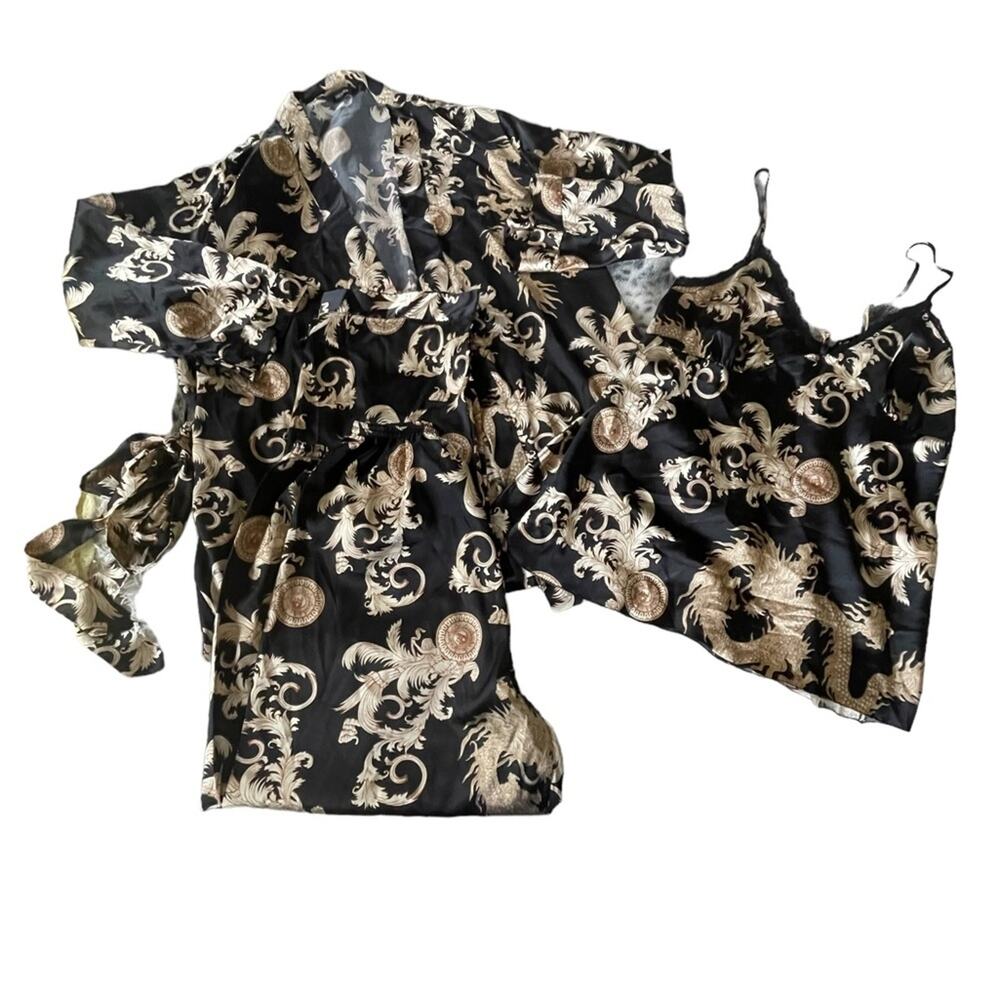 ESCALIER Silk Piece Sleep Wear Set Womens XL Black/Gold & Rope Belt Sexy Comfy
